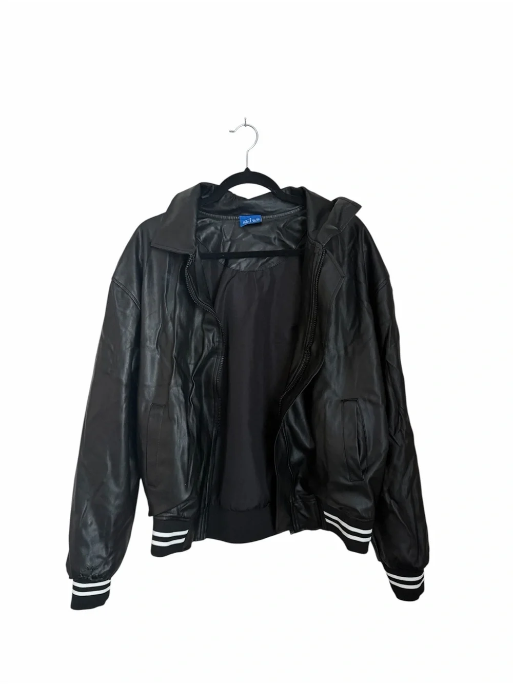 Black Faux Leather Jacket with Hood and Striped Cuffs